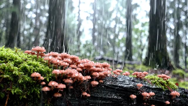 A colony of rosy bonnet mushrooms on a dark log in rain