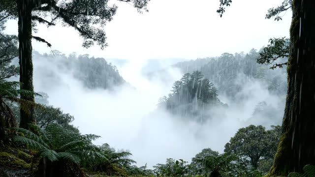 Rain mist filling a forest valley seen from a ridge