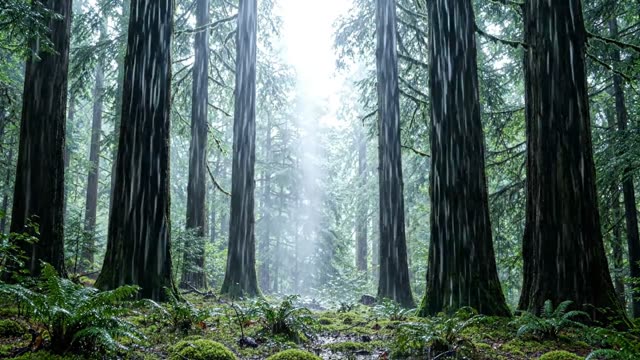 A single column of grey light in a rain-filled forest