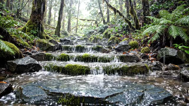 A cascade of water over green algae-covered stepping stones