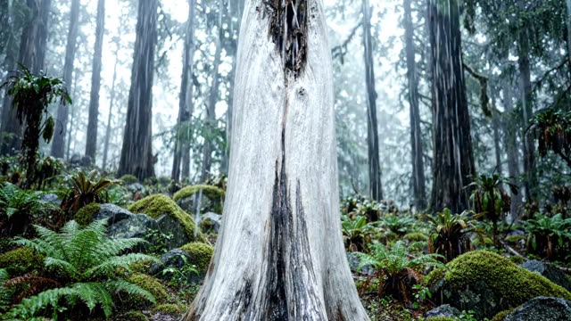 A bark-stripped silver trunk bleached white in the forest