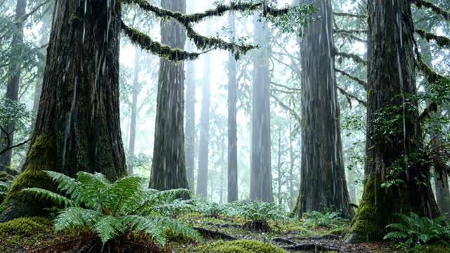 A dark forest interior with no visible sky in rain