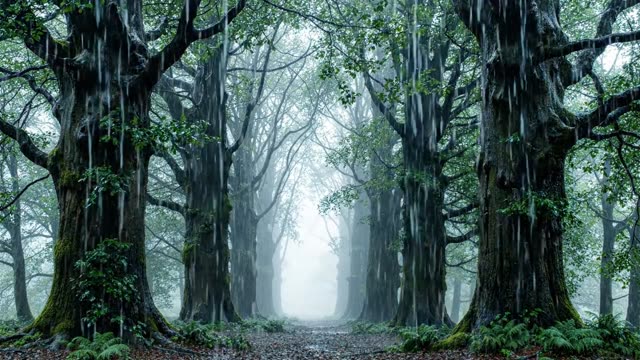 A dark corridor of ancient yews in steady rain