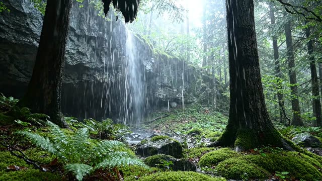 A dark forest interior at the base of a cliff in rain