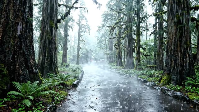 A wide forest ride after heavy rain with mist on the ground