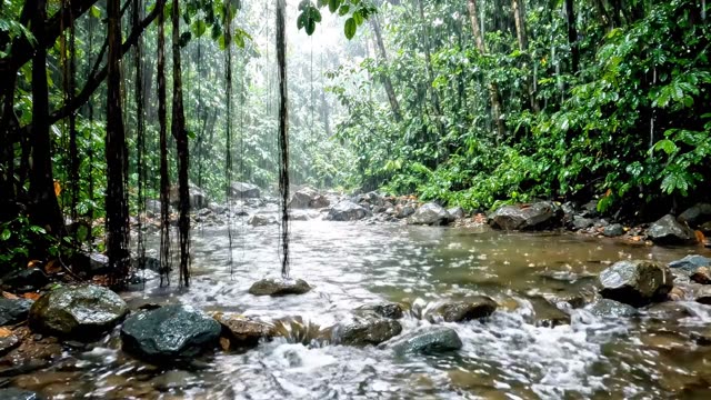 A jungle stream running tea-brown over smooth stones beneath dripping lianas