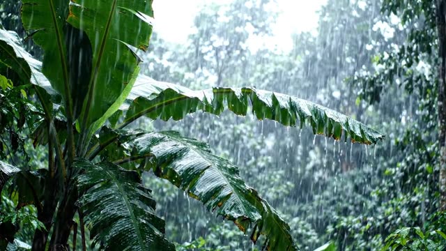 A clump of banana leaves bowing under steady jungle rain