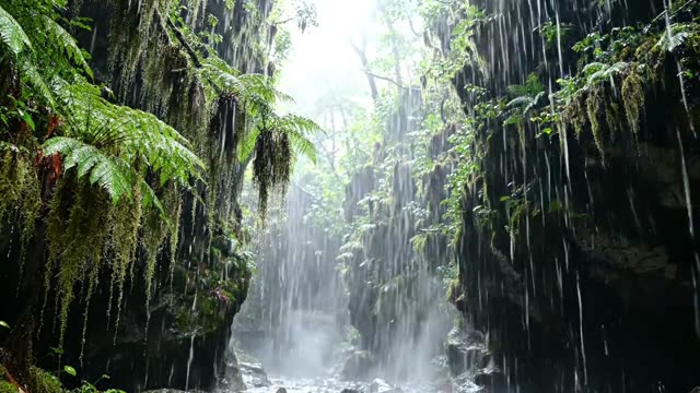 A sunless gorge forest of ferns and hanging moss in rain