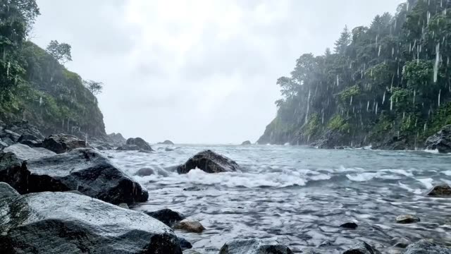 A quiet rocky cove with gentle waves under rain and low cloud