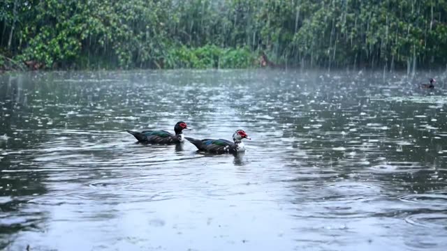 A pair of ducks drifting slowly across a rain-rippled pond