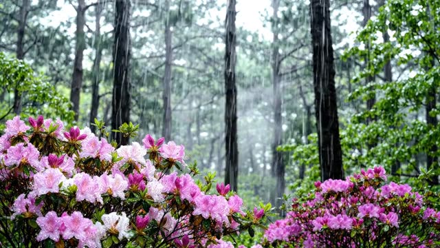 Azaleas in bloom beneath tall pines in steady rain