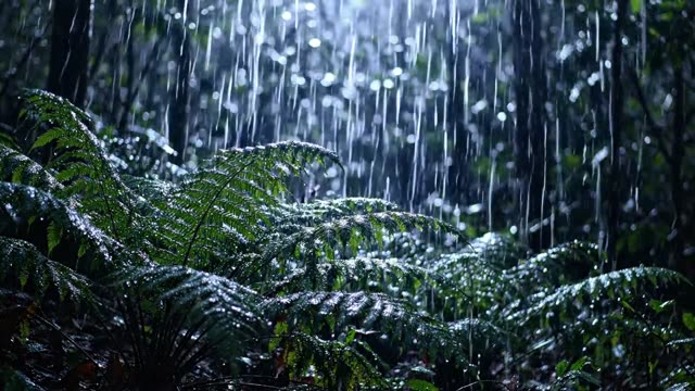 Ferns silvered by faint moonlight in steady night rain