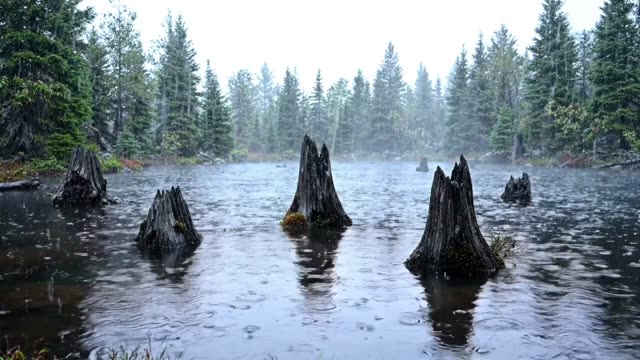 A still beaver pond with grey standing stumps in steady rain