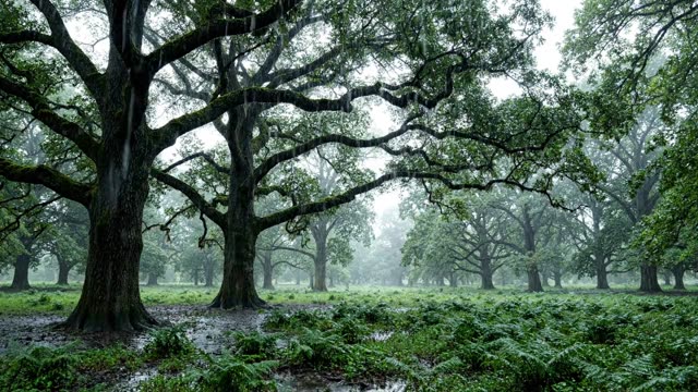 A dark ancient deer park in rain with veteran oaks