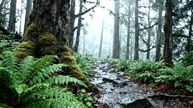 A slow forward drift along a rain-soaked forest path between ferns and trunks