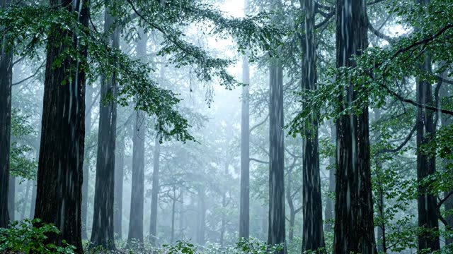 A hemlock forest with drooping boughs in heavy mist and rain