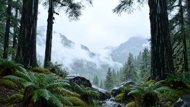 A high mountain forest in driving rain and cloud