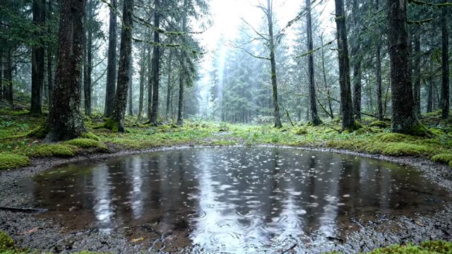 A forest dew pond brimming with rainwater