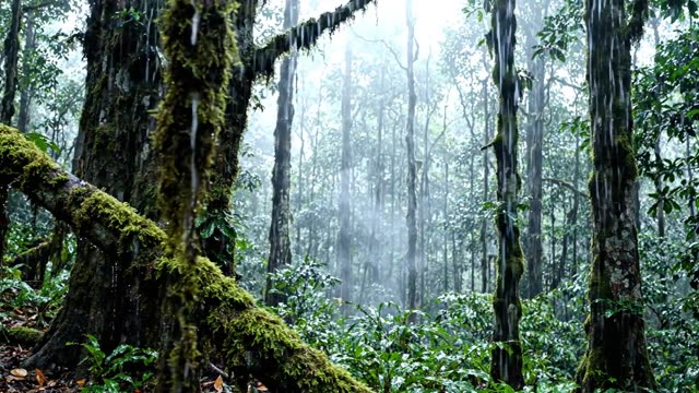 A slow sideways drift past mossy trunks in a misty rainforest