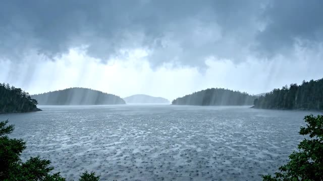 A calm bay with distant forested islands in rain and mist