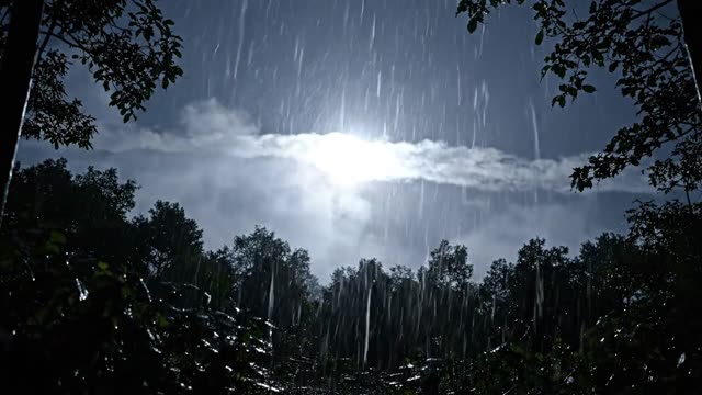 A pale moon glow behind thin cloud above dark treetops in steady rain