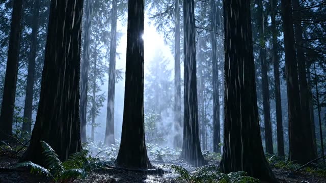 A dark forest at night with mist drifting between the trunks in rain