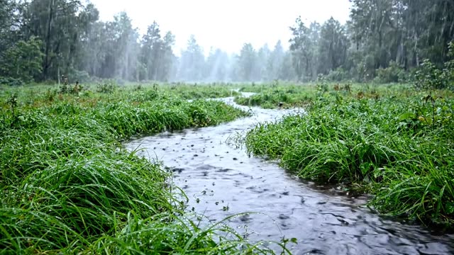 A lowland stream meandering through wet meadow grass in rain (2)