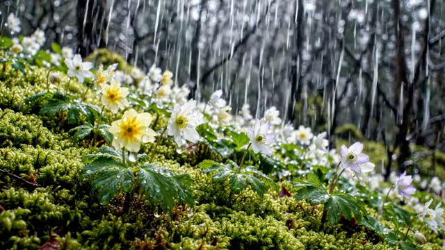 Primroses and wood anemones scattered across a mossy bank in rain
