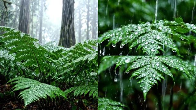 Rain on a colony of broad buckler fern in deep forest