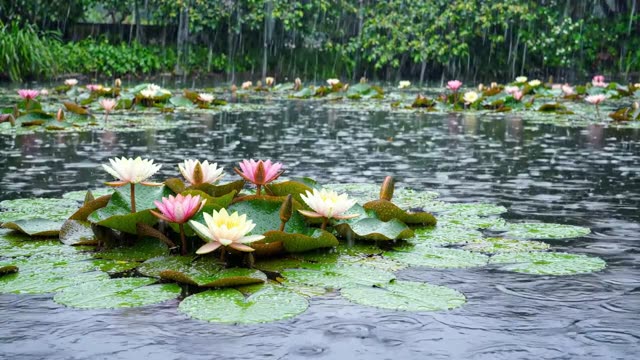 Water lilies in bloom on a rain-stippled pond