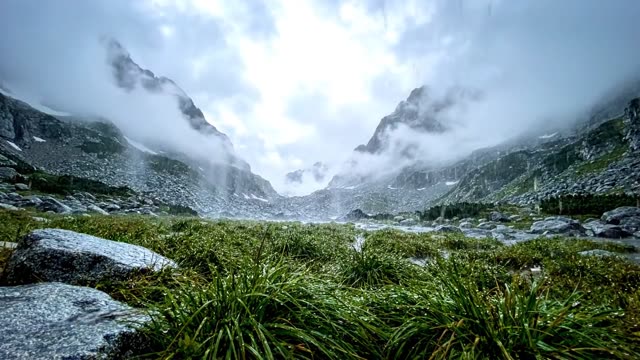An alpine meadow with grey boulders below cloud-wrapped peaks in rain