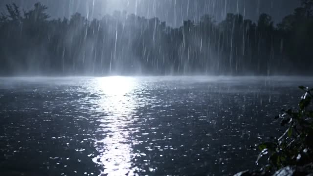 Rain on still night water reflecting a pale band of cloud