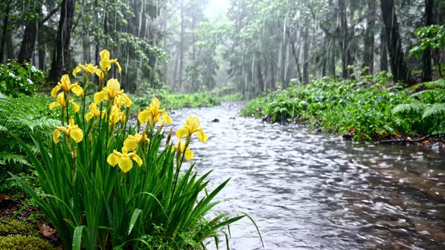 Wild irises along a rain-rippled stream edge
