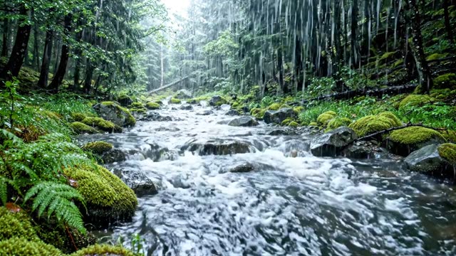 A rain-swollen woodland river running fast between mossy banks