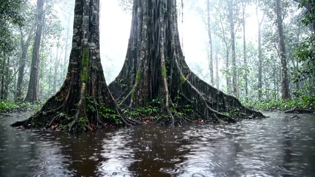 Buttress roots of a giant rainforest tree standing in shallow floodwater