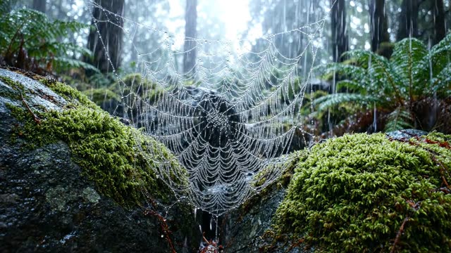 A dew-jewelled cobweb between mossy boulders