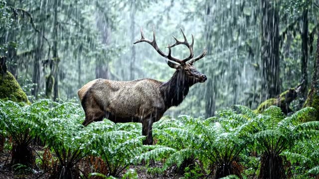 A stag standing still among ferns in a rainy forest