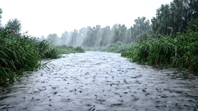 A broad slow river between reed banks in grey rain